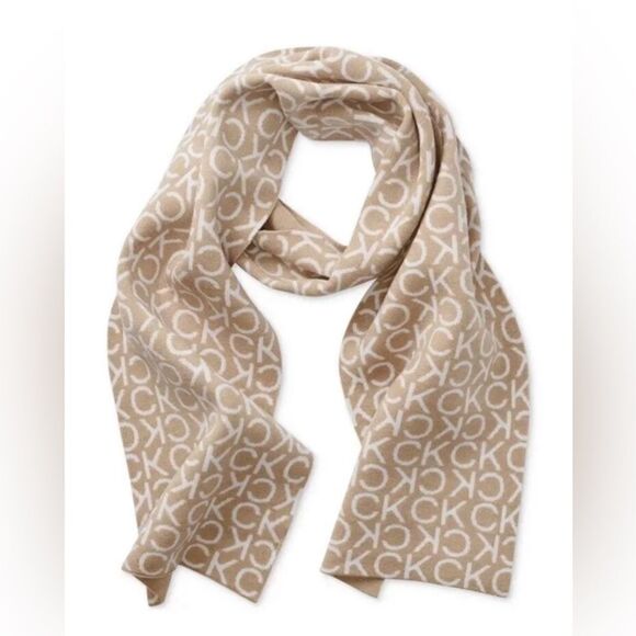 NWT Calvin Klein Logo Jacquard Scarf Reversible Heathered Almond Beige - Picture 1 of 10